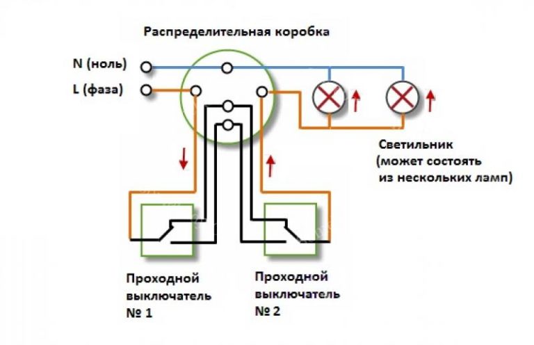 Схема подключения проходного выключателя с 2х мест одноклавишный на 6 лампочек