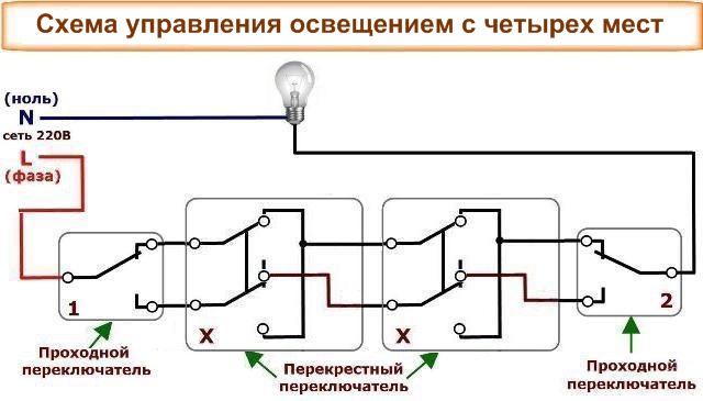 схема подключения проходного выключателя с 4х мест