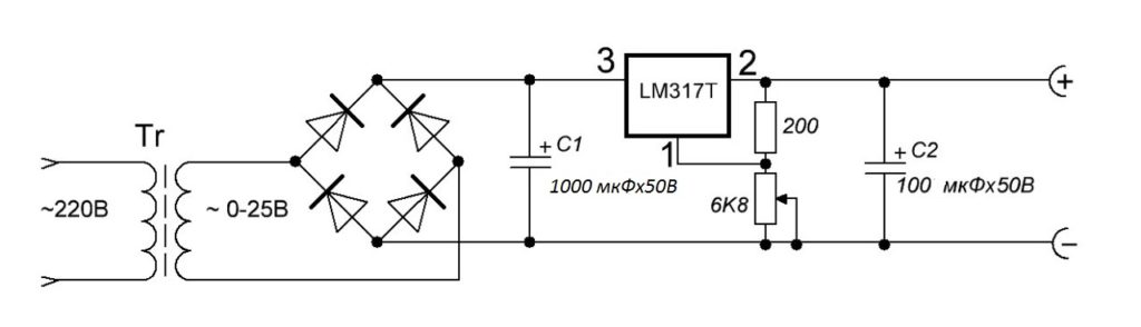 Регулируемый стабилизатор напряжения на lm317 схема