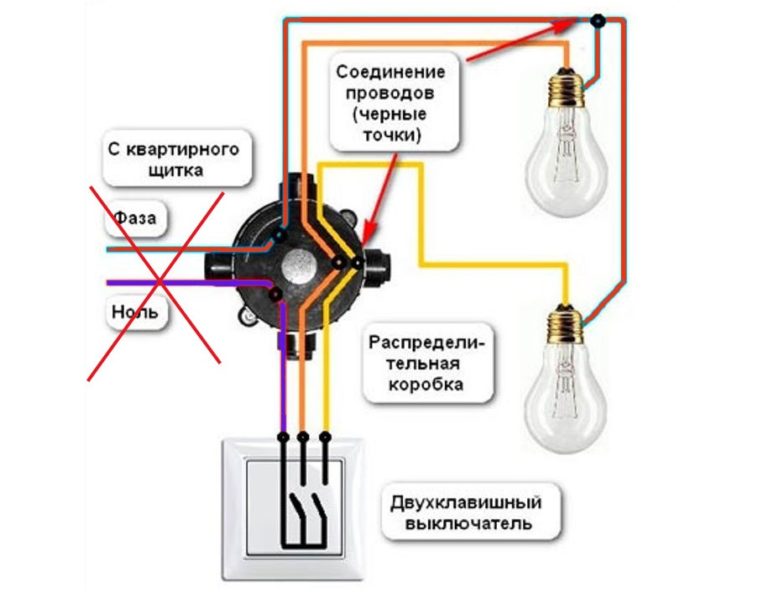 Схема подключения двухклавишного выключателя в распределительной коробке